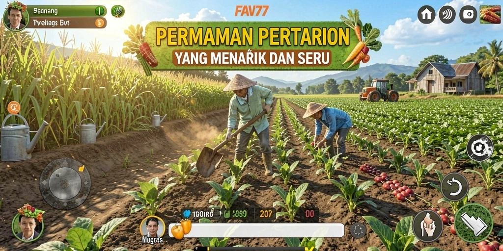 Screenshot utama FAV77 menampilkan tampilan ladang yang subur dan hewan yang sehat.