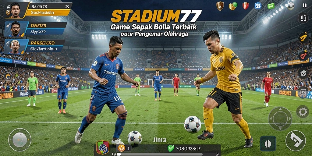Tampilan layar permainan STADIUM77 yang menampilkan aksi di lapangan sepak bola.