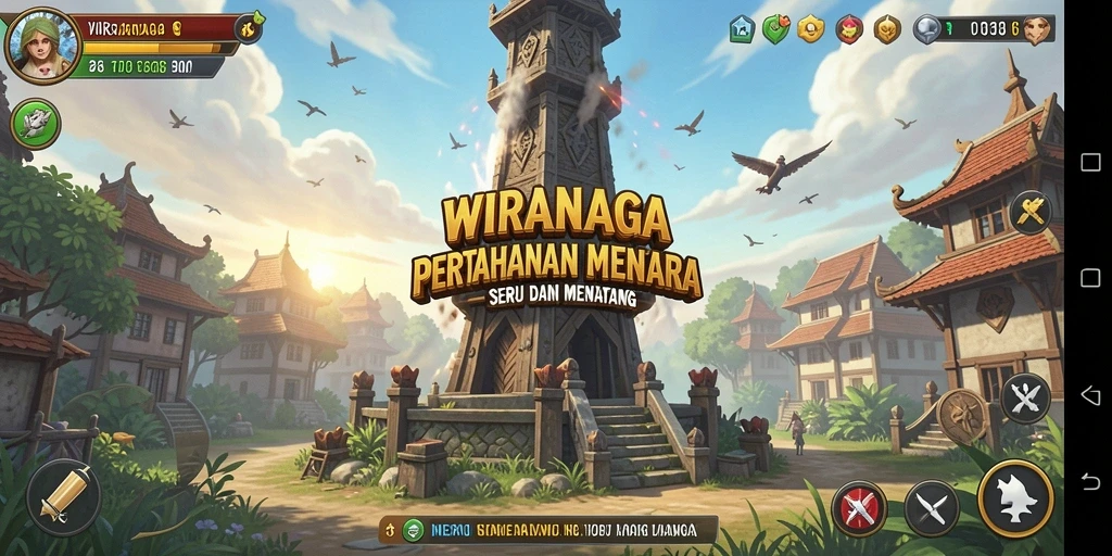 Tangkapan layar dari gameplay WIRANAGA yang menunjukkan pertahanan menara yang intens.