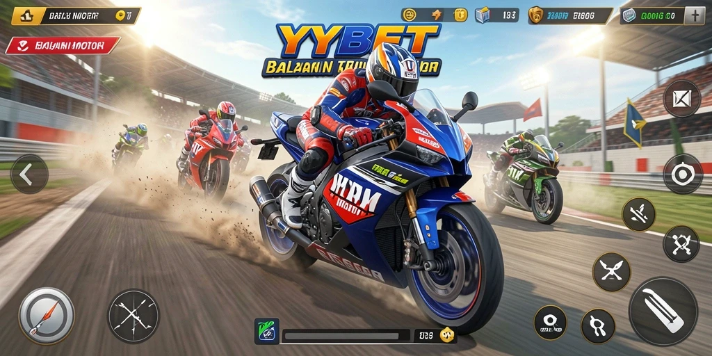 Screenshot gameplay YYBET menampilkan aksi balapan motor yang mendebarkan.