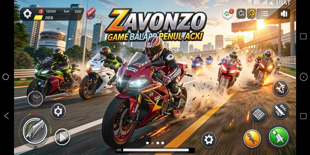 Gameplay menarik ZAVONZO dengan motor balap yang beraksi di lintasan.