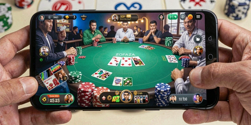 Tangkapan layar permainan ZOFAZA yang menampilkan momen menegangkan di meja poker.